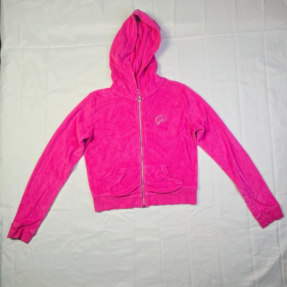 I.AM.GIA Women's Zip Up Hoodie Size Large Pink Rhinestone Logo Terry Cloth Q63